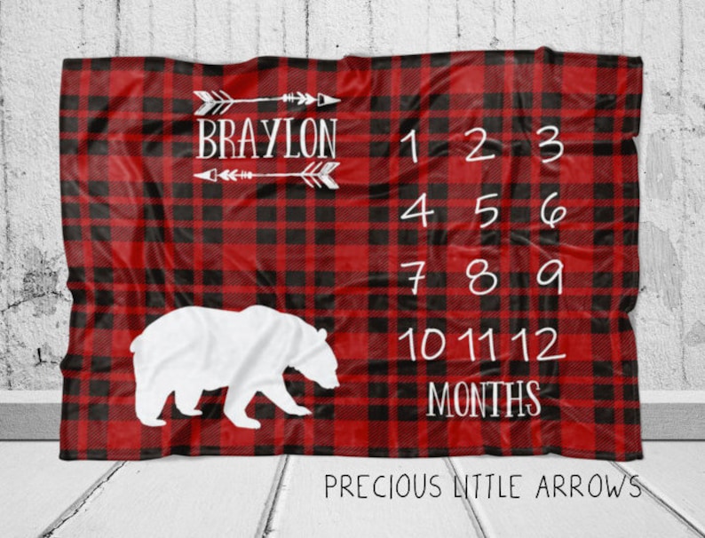 Black Bear Plaid Milestone Blanket plaid black bear milestone blanket arrows and buffalo plaid blanket black bear nursery