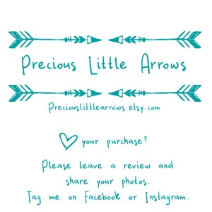 May include: Teal blue handwritten text on a white background reads "Precious Little Arrows" with a website address below. The text is framed by two sets of teal blue arrows pointing in opposite directions.