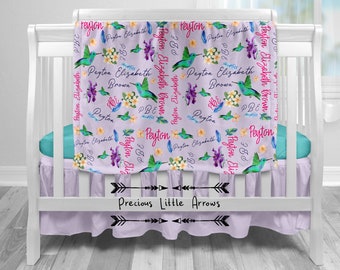 Hummingbird Personalized Blanket,  Turquoise Purple Crib Sheet, Personalized Girls Blanket, Baby Toddler Name Blanket