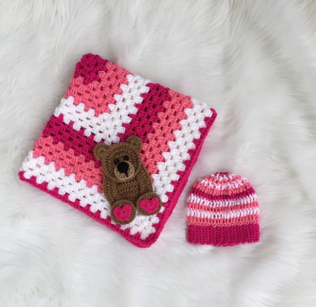 Crochet Bear Applique Baby Blanket With Hat Etsy