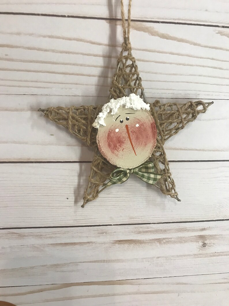 Primitive twine star wooden painted snowman face ornament Etsy