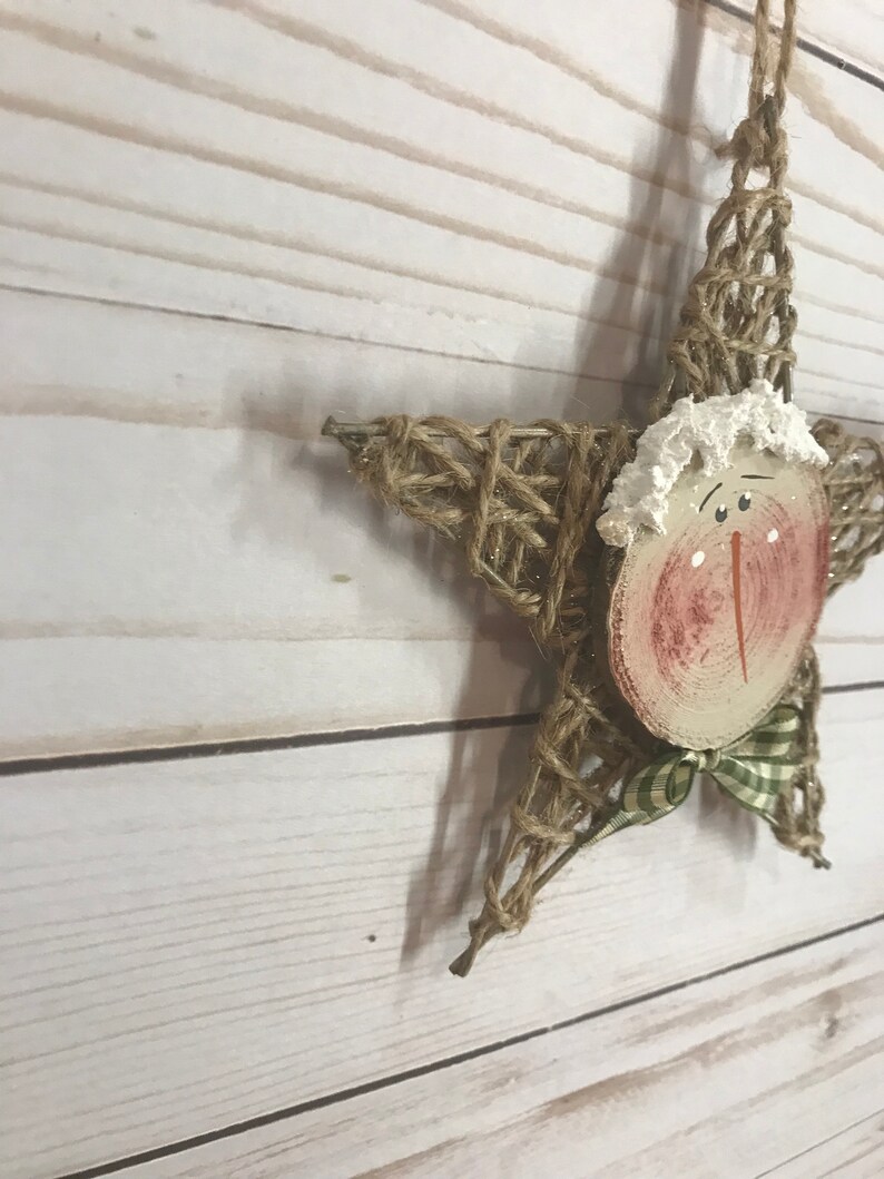 Primitive twine star wooden painted snowman face ornament Etsy