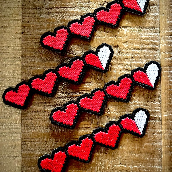 8 Bit Heart | 8Bit Pixel Hearts | Health Meter | Life Bar | Retro Gaming Hearts | Embroidered Iron on / Sew On Patch