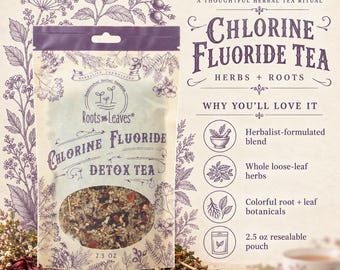 May include: A 2.5 oz resealable pouch of Roots and Leaves Chlorine Fluoride Detox Tea. The packaging features purple botanical illustrations, text reading A Thoughtful Herbal Tea Ritual, and a clear window showing the loose-leaf herbal blend.