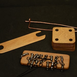 Tablet weaving kit, 16 tablets, Set for card  weaving,  weaving swivels, weaving shuttle, copper pin, tablets for weaving, Medieval weaving