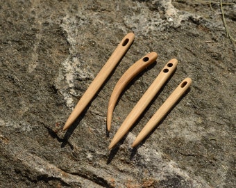 Set of 4 nalbinding needles, Set of wooden needles, Curved needle, Two holes needle, Set for naalbinding, Knitting needles, Horn Beam wood