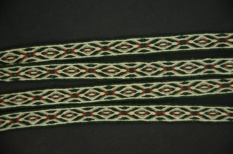 Tejido de tabletas / Trenza tejida a cardar / Adorno de lana / Trenza para recreación / Adorno de lana tejida de tableta / Recreación vikinga / Blanco verde / 20 mm imagen 6