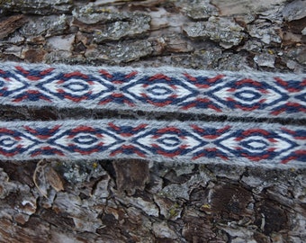 Tablet weaving / Tablet woven trim / Card woven braid / Woolen trim / Medieval belt / Viking belt / Viking reenactment / Grey red blue white