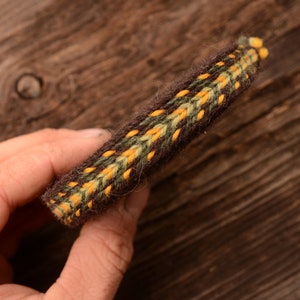 Handwoven braid / Tablet weaving / Medieval woolen trim / Card woven belt / Viking tablet weaving / Yellow brown green / 15 mm strap /Baltic