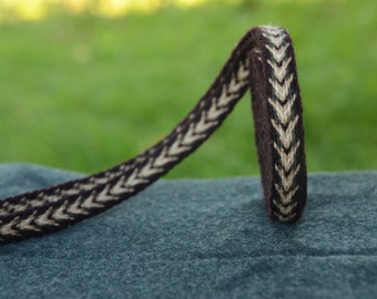 Woolen tablet woven trim / Viking card woven belt / Ethnic style / Unisex belt / Brown white green / 16 mm strap / Price for 1 meter