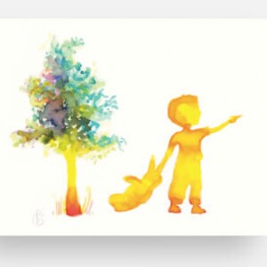 Carte postale enfant au jardin + enveloppe