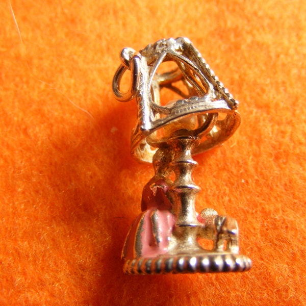 Q) Vintage Sterling Silver Charm Enamelled Lady and dog at the base of a lamp