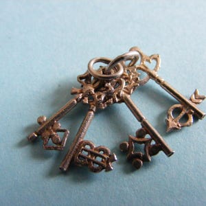 Puede incluir: Un amuleto de plata con un grupo de cinco llaves adornadas, cada una con detalles intrincados. Las llaves están conectadas en la parte superior por un anillo, lo que sugiere un llavero o un colgante.