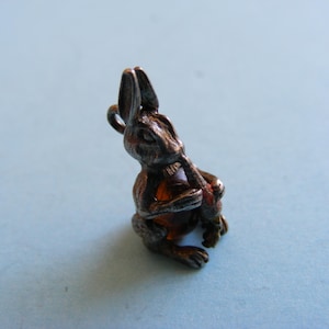 Op de afbeelding: Een kleine, zilverkleurige konijnenbedel. Het konijn wordt afgebeeld in een zittende positie, met zijn oren omhoog en poten gevouwen. De bedel heeft een lus aan de bovenkant voor bevestiging. De konijnenbedel is een populair item voor het maken van sieraden.