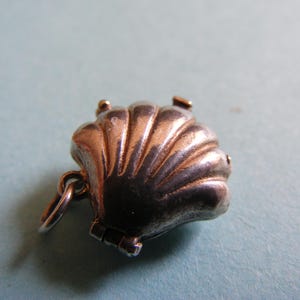 Puede incluir: Un dije de metal plateado con forma de concha de abanico y diseño articulado. El dije presenta una textura acanalada en forma de abanico en su superficie e incluye una pequeña argolla circular unida a un lado para colgarlo en una cadena.