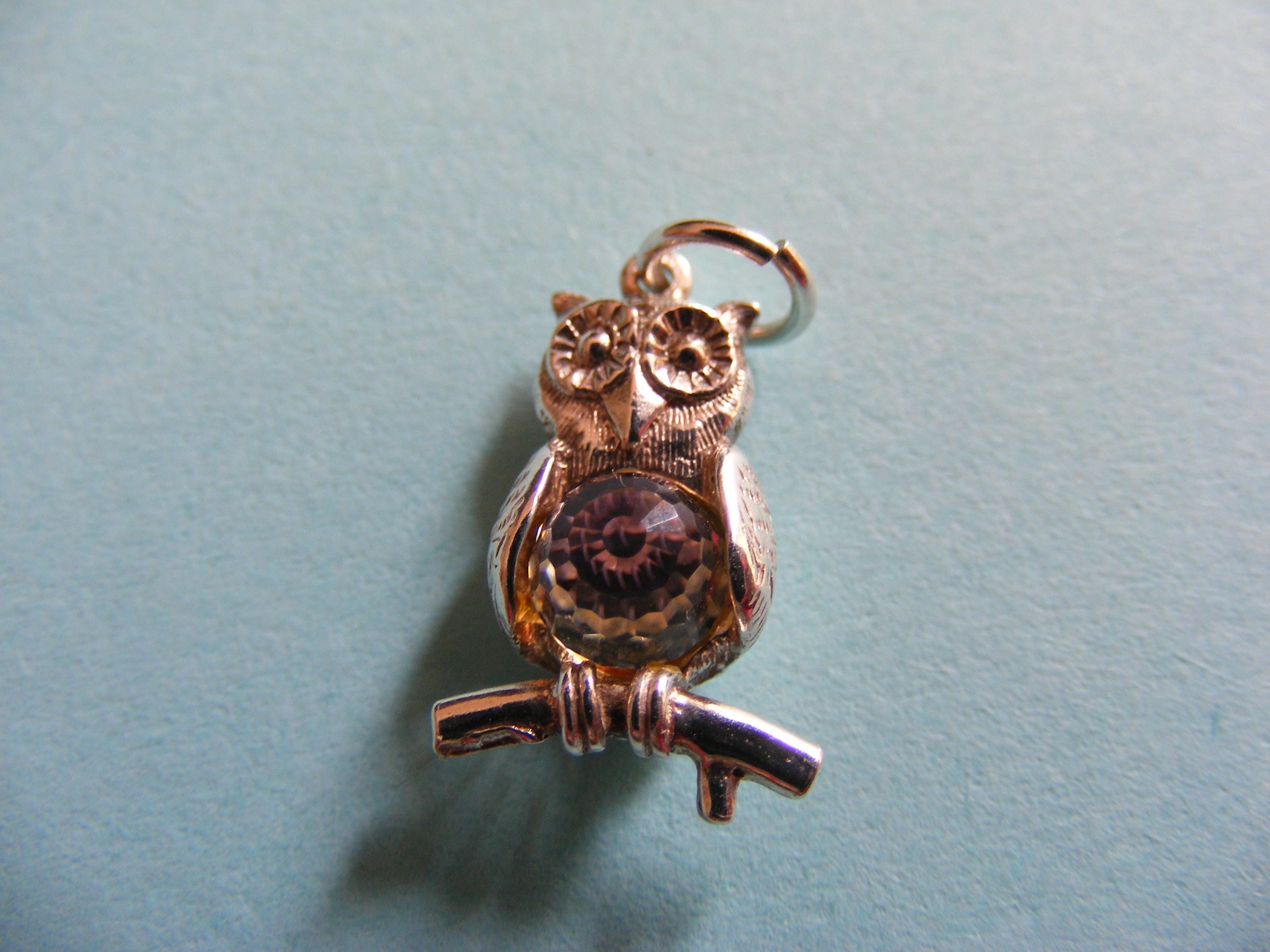 Vintage Sterling Silver charm: Owl with crystal belly (A1)