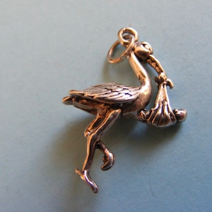 Vintage Sterling Silver Charm Stork & baby charms pendant 925 (Z)