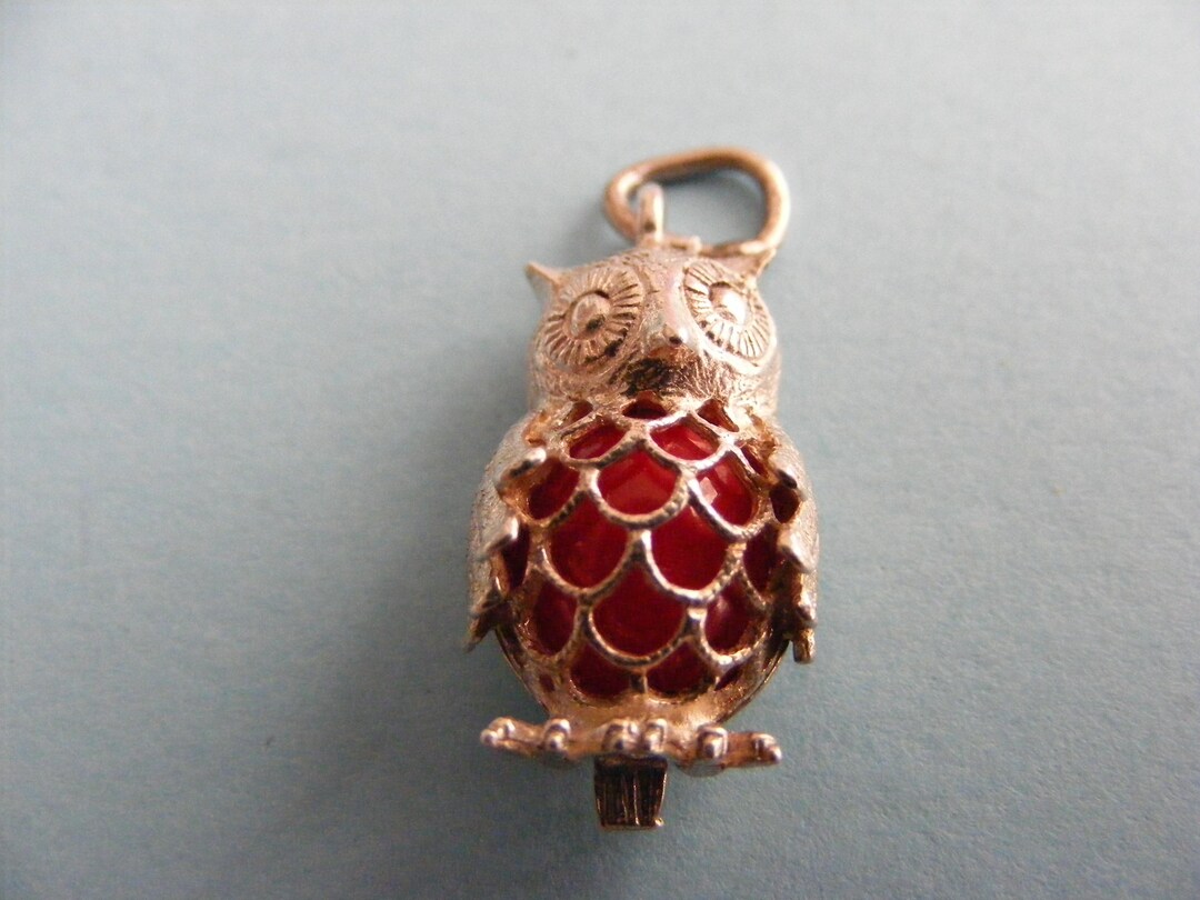 TOBY Vintage Sterling Silver Charm Owl With Red Cabochon Body (C