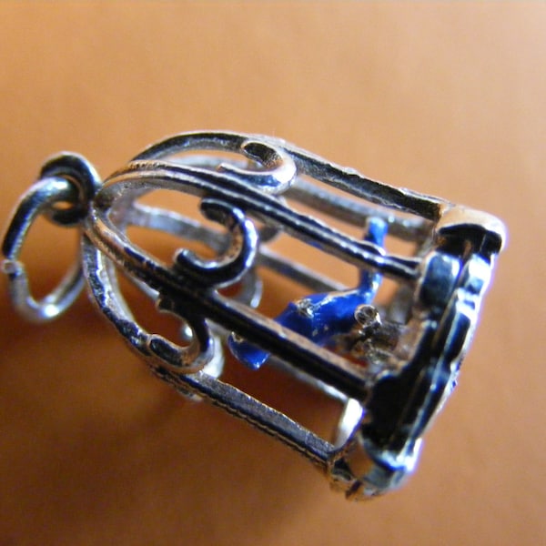 N) Vintage Sterling Silver Charm Charms Blue Bird in a cage