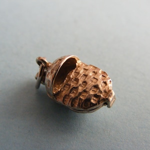 May include: A silver charm in the shape of a peanut, with a textured surface and a hinged opening.