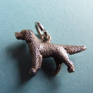 May include: A silver-toned metal charm shaped like a standing dog with textured fur detailing. The charm features a small circular jump ring attached to the top, allowing it to be suspended from a chain or bracelet for jewelry applications.