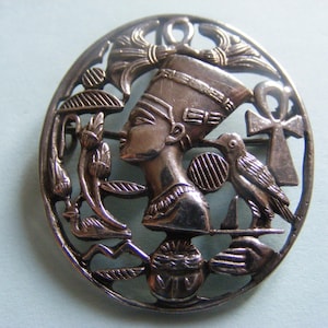 Vintage Silver Egyptian Revival Brooch or pendant: Nefertiti, Ankh, gods and icons
