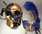 Couples Gold Blue Masquerade Ball Mask with handle Pair Mens Skeketon Mask