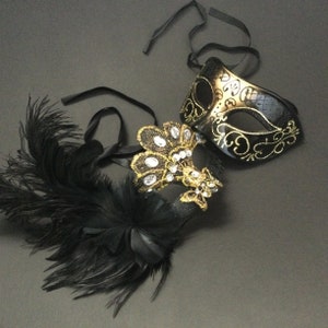 Couples Masquerade ball Party Black Gold Brocade Lace Mask Pair