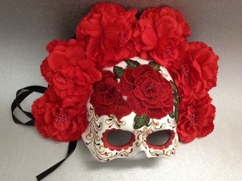 Dia De Los Muertos Red Embroidery Roses Mask flower day of the dead deco and wearable mask