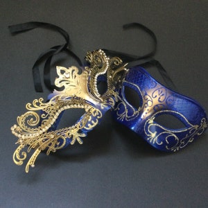 Gold Blue Masquerade ball mask Pair Birthday Costume Burlesque Party