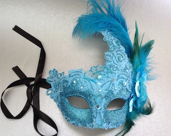 Baby Blue light Turquoise Lace masquerade mask with peacock and ostrich feather