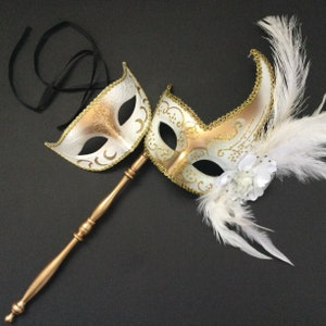 Gold White Feather Handle Masquerade stick mask Costume Party