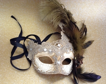 Brocade Lace Light Beige Ivory masquerade ball mask ostrich feather