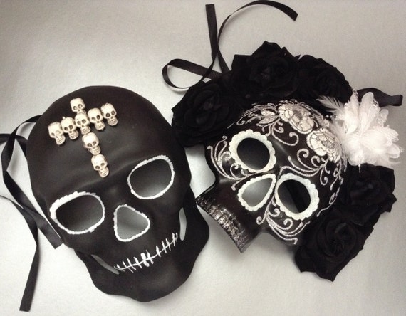 Black Red Masquerade Pair Full Face Mask Day of the Dead Costume Wear or Deco