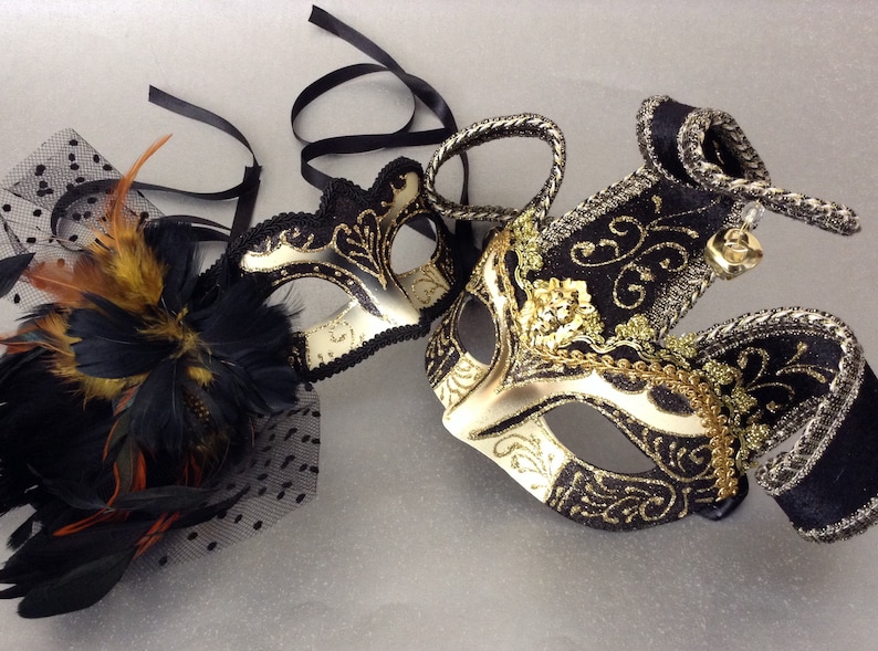 Black Gold Feather Jolly Jester Mardi Gras Party Masquerade ball mask Pair