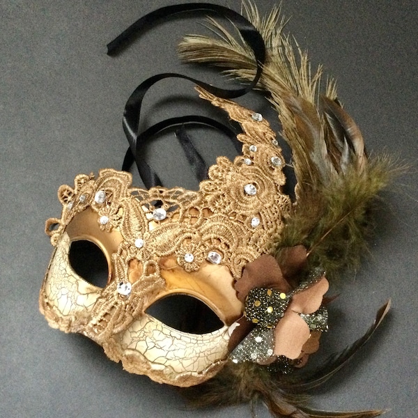 Couple Black Gold Beige Masquerade ball Party Lace Feather Roman Costume Mask