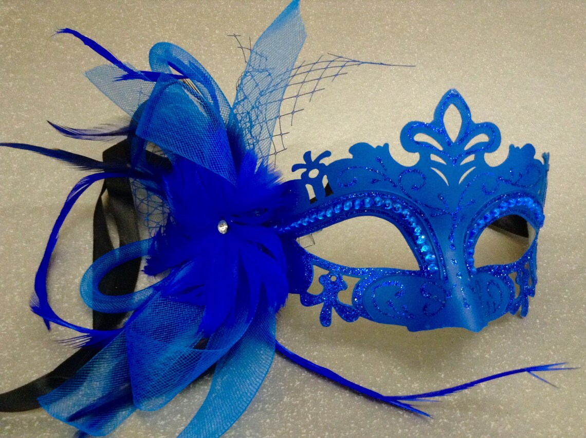 Blue Masquerade Ball Feather Eye Mask Pair Costume Dress up Etsy