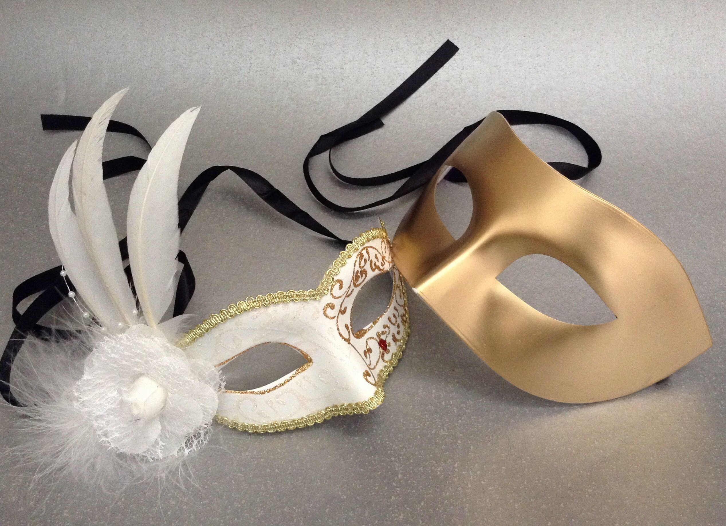 Couples Gold White Masquerade Ball Party Feather Eye Mask Pair Etsy