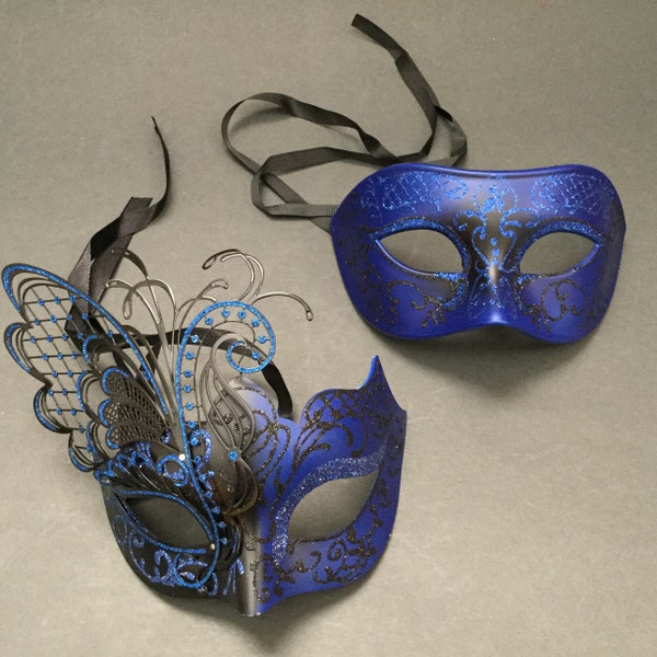 Couples Black Blue Masquerade ball Eye Butterfly Mask Pair