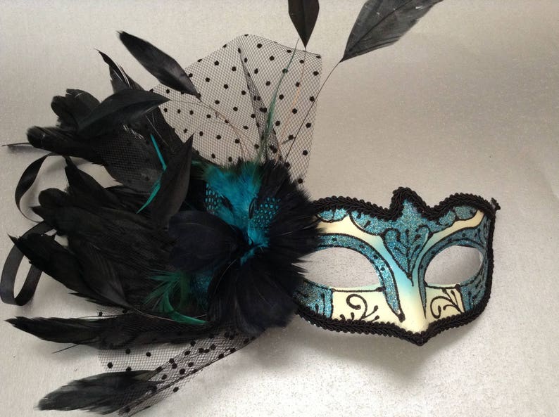 Netting Feather Veils Costume Carnival Party Turquoise Blue Aqua Teal Masquerade ball mask Pair