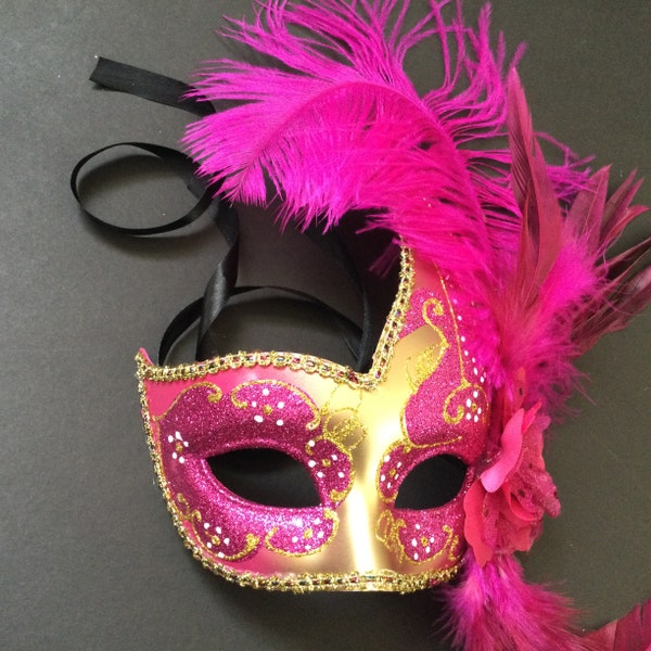 Mardi Gras Carnival Costume Feather Hand Held Fuchsia Pink Masquerade ball mask on stick