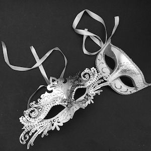 Silver White Masquerade ball Party Mask Pair For Masquerade Wedding Christmas Party Wear or Deco