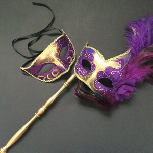 Mardi Gras Carnival Costume Feather Hand Held Purple Masquerade ball mask on stick