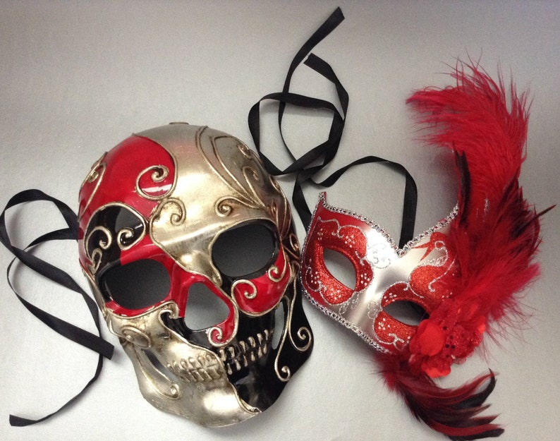 Couples Silver Red Masquerade Ball Mak Pair Mens Skeketon Mask