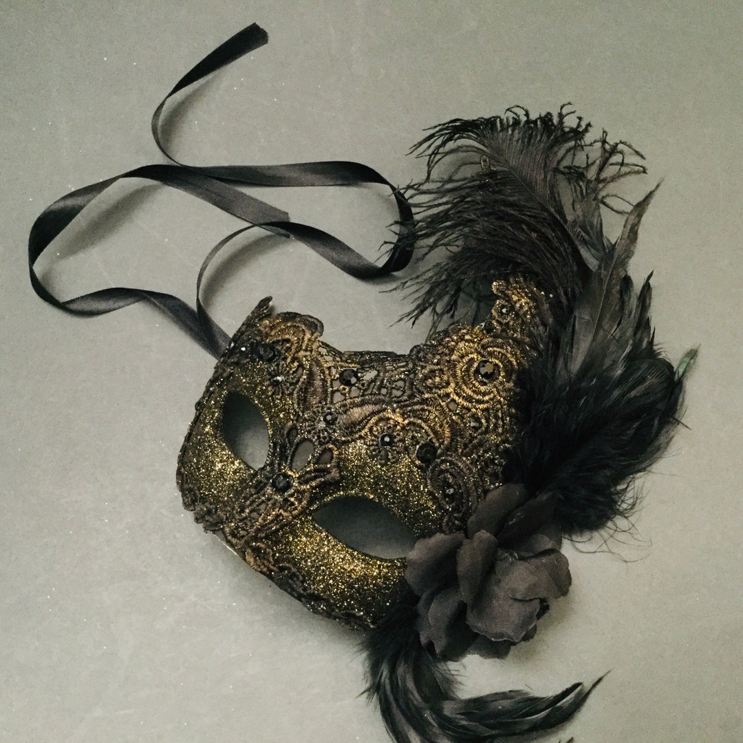 Bronze Black Gold Masquerade Lace Feather Mask With Ostrich Feather - Etsy