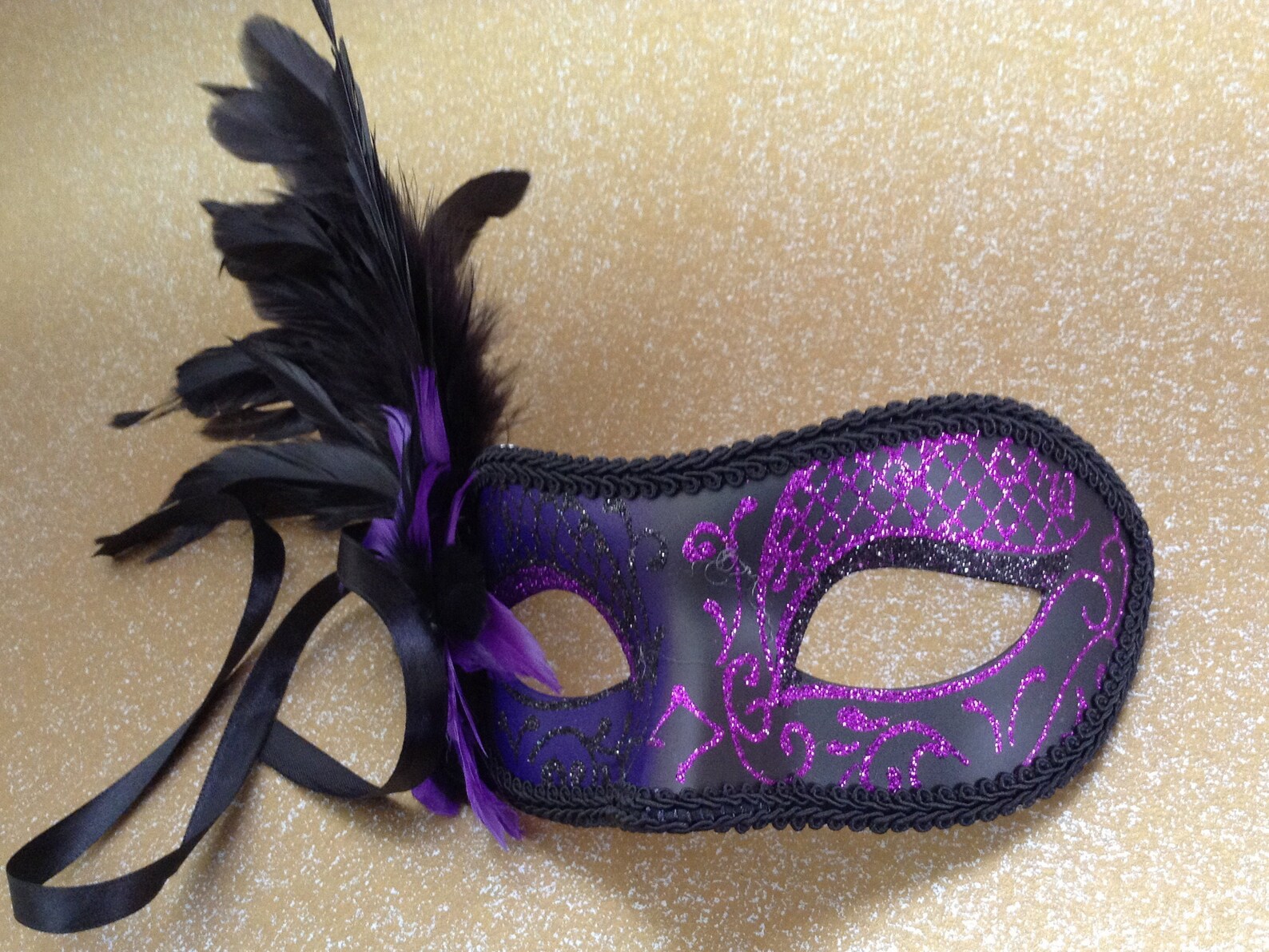 Black Trimming Purple Masquerade Mask With Feather Flower Etsy New