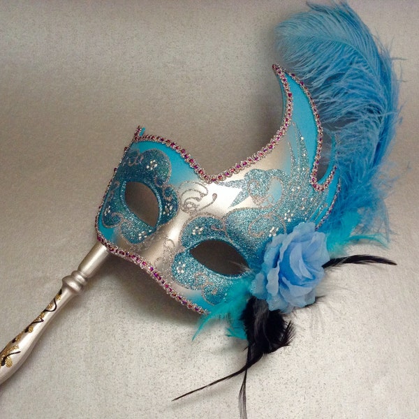 Silver Turquoise  Blue Feather Handle Masquerade ball mask on stick