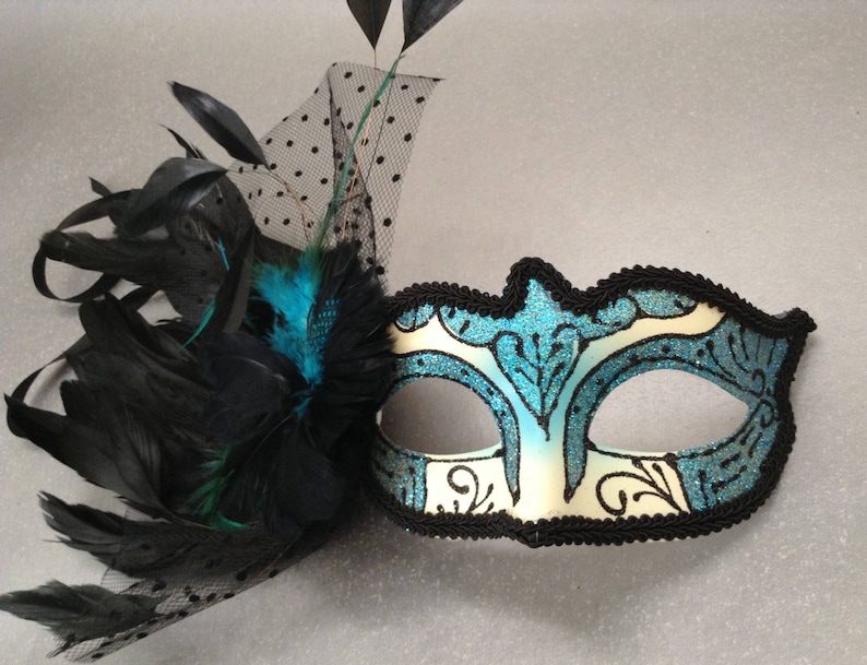 Netting Feather Veils Costume Carnival Party Turquoise Blue Aqua Teal Masquerade ball mask Pair