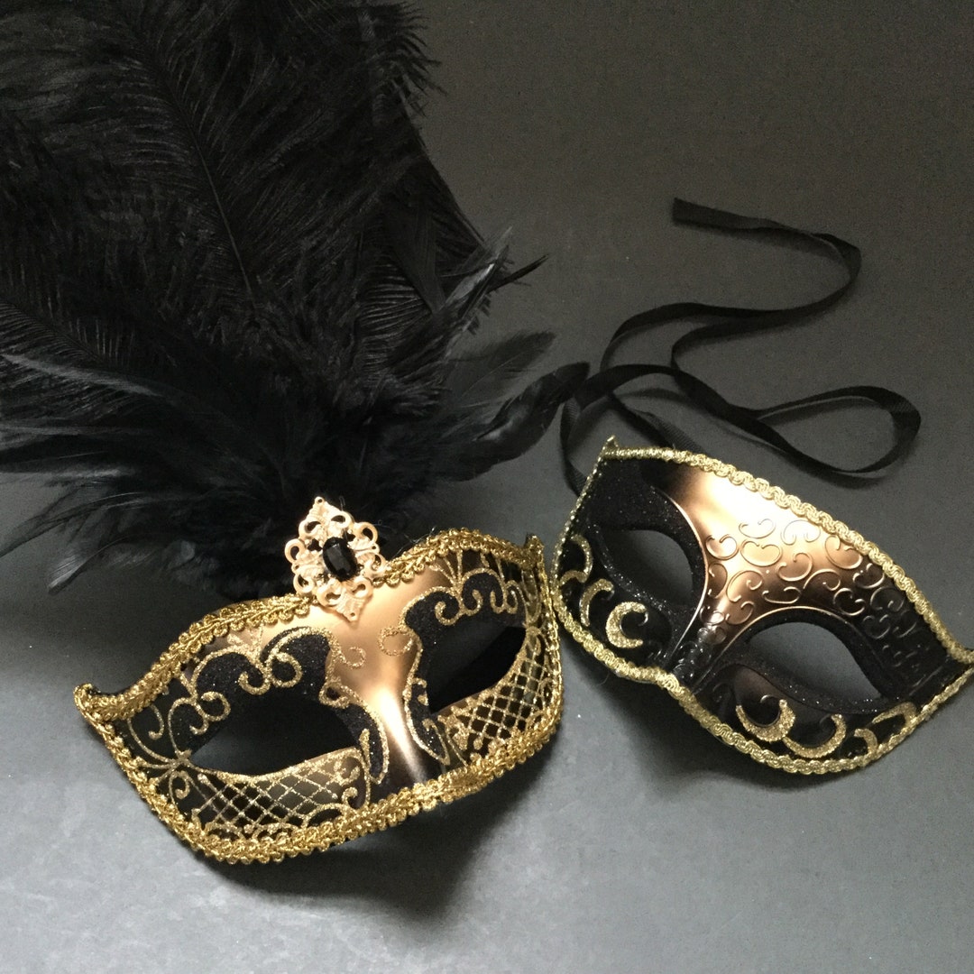 Black Gold Masquerade Ball Feather Mask Pair Birthday Costume Christmas ...