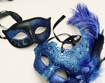 Blue Lace masquerade ball mask with ostrich feather